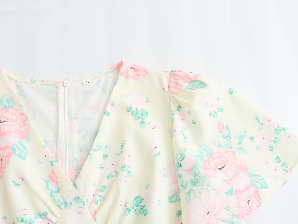 Robe imprimée à col V, manches courtes et taille haute pour femme, collection printemps