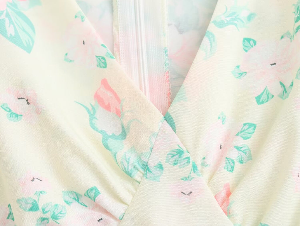 Robe imprimée à col V, manches courtes et taille haute pour femme, collection printemps