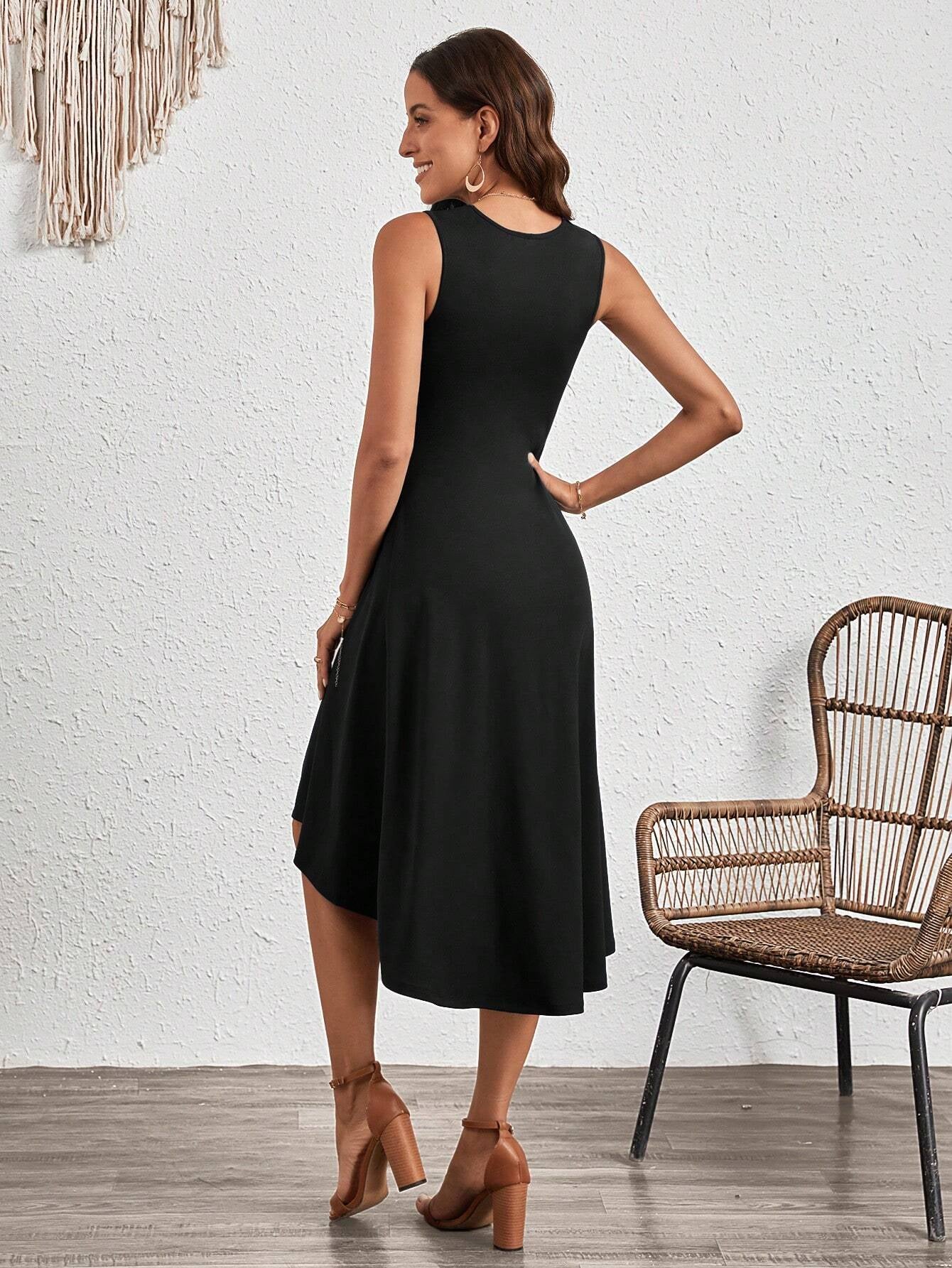Summer Women Clothing Summer Sleeveless Solid Color A line Crumpled Medium Dress