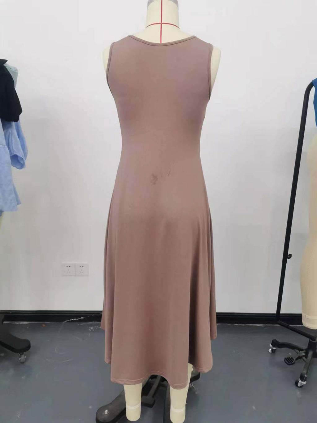 Summer Women Clothing Summer Sleeveless Solid Color A line Crumpled Medium Dress