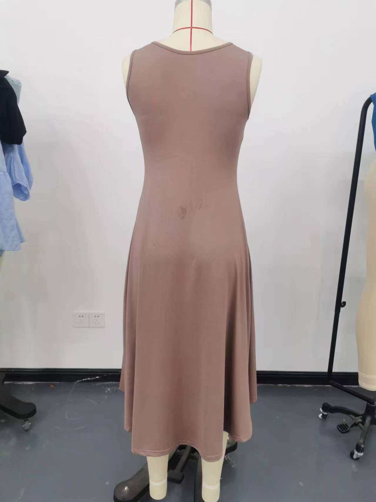 Summer Women Clothing Summer Sleeveless Solid Color A line Crumpled Medium Dress