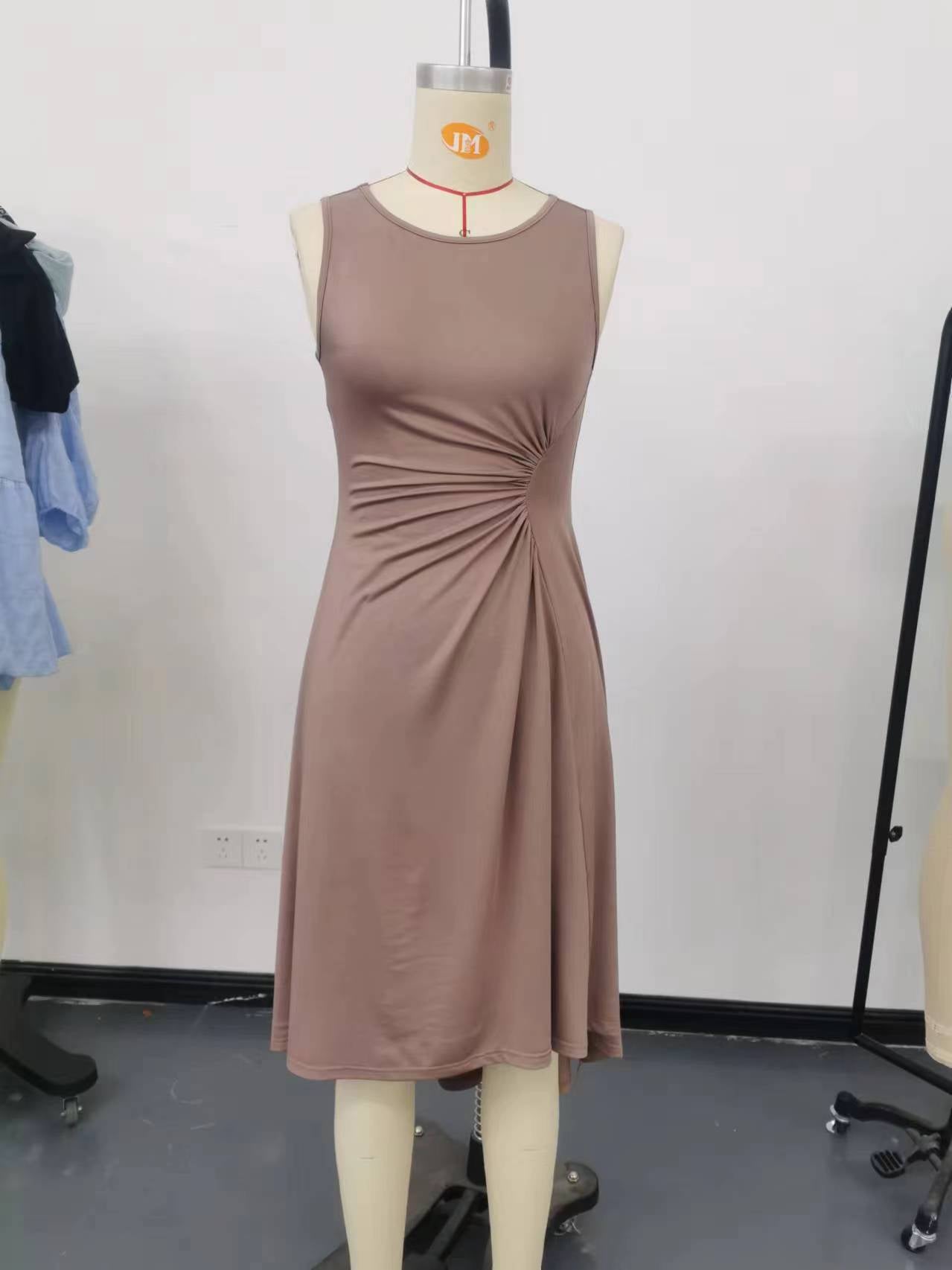 Summer Women Clothing Summer Sleeveless Solid Color A line Crumpled Medium Dress