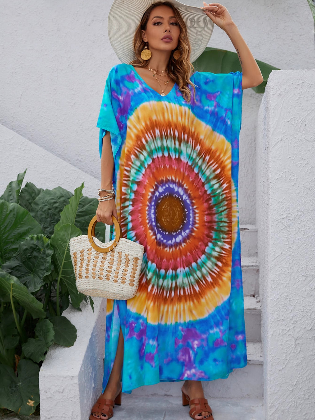 Vestido elegante de verano con escote en V y estampado de línea A para mujer