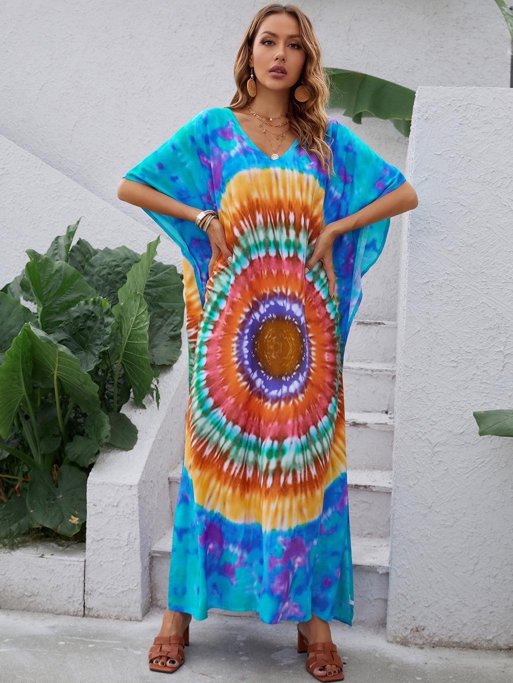 Vestido elegante de verano con escote en V y estampado de línea A para mujer
