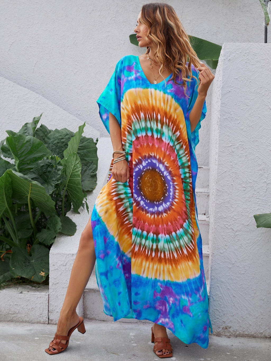 Vestido elegante de verano con escote en V y estampado de línea A para mujer