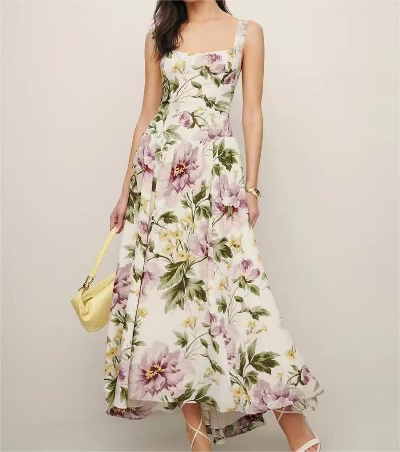 Women Clothing French Vintage Print Lace Up Midi Dress Waist Controlled Slimming Dress