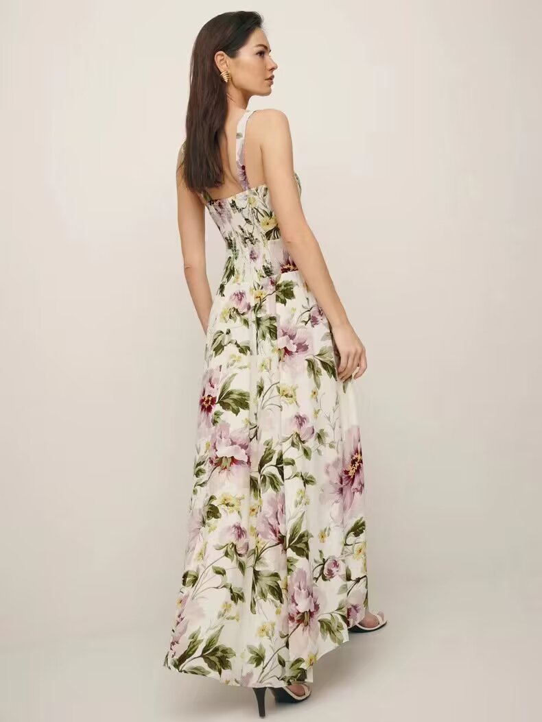 Women Clothing French Vintage Print Lace Up Midi Dress Waist Controlled Slimming Dress