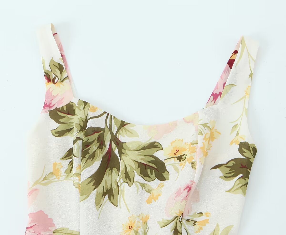 Women Clothing French Vintage Print Lace Up Midi Dress Waist Controlled Slimming Dress