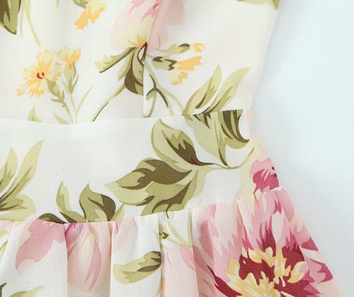 Women Clothing French Vintage Print Lace Up Midi Dress Waist Controlled Slimming Dress