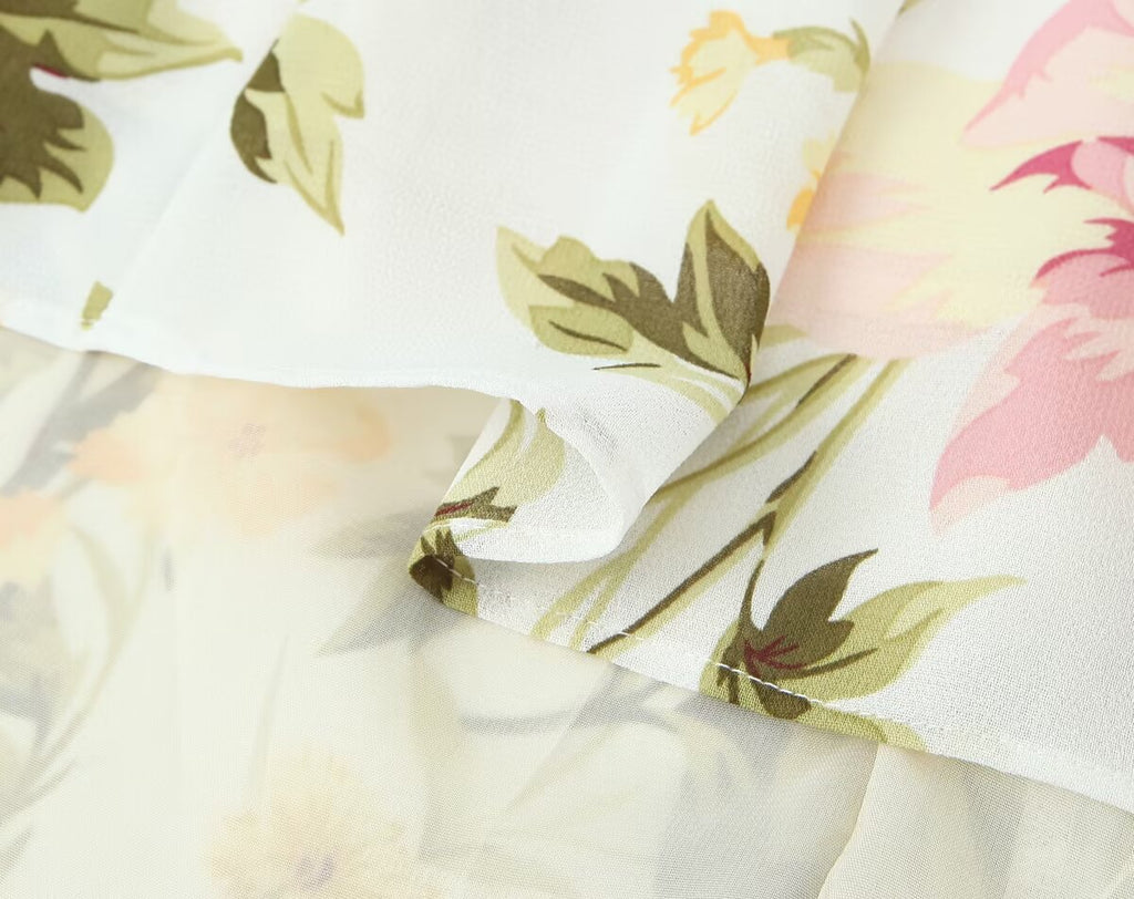 Women Clothing French Vintage Print Lace Up Midi Dress Waist Controlled Slimming Dress