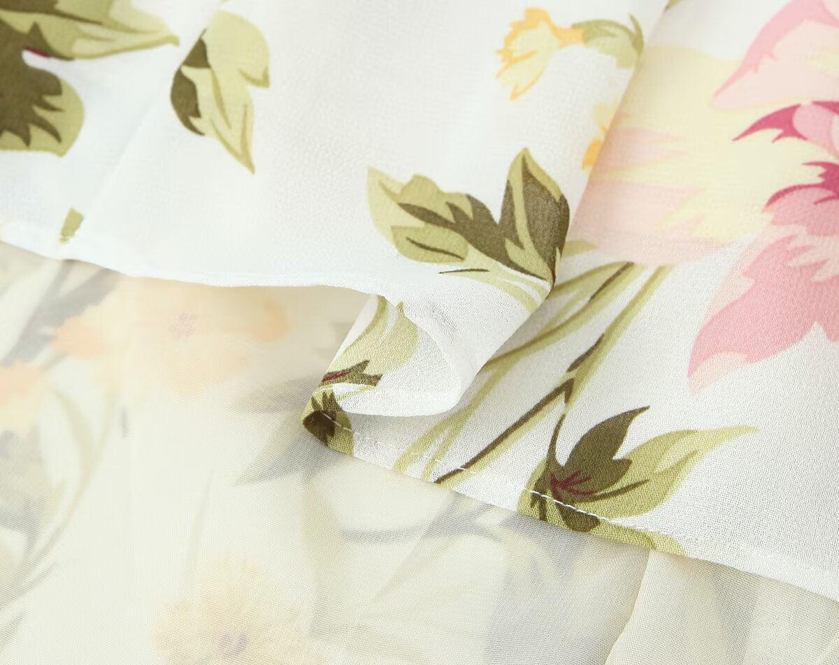 Women Clothing French Vintage Print Lace Up Midi Dress Waist Controlled Slimming Dress