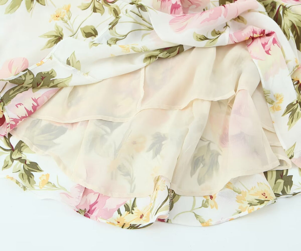 Women Clothing French Vintage Print Lace Up Midi Dress Waist Controlled Slimming Dress