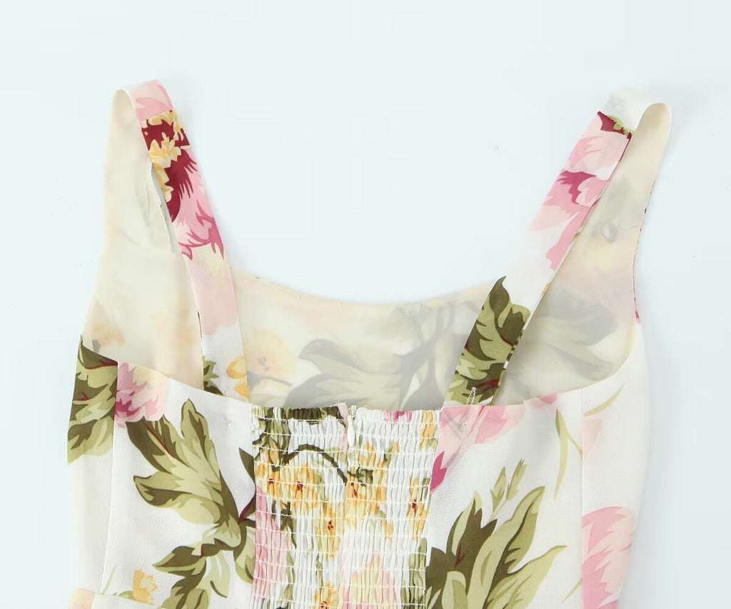 Women Clothing French Vintage Print Lace Up Midi Dress Waist Controlled Slimming Dress