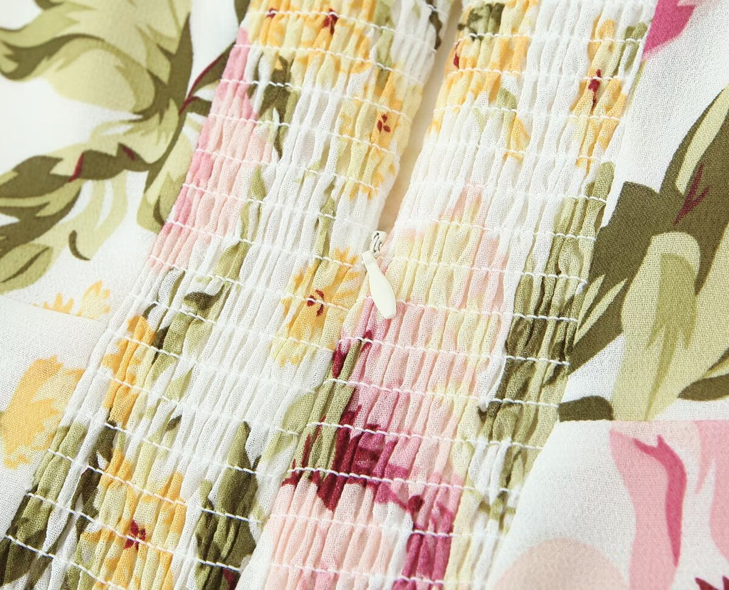 Women Clothing French Vintage Print Lace Up Midi Dress Waist Controlled Slimming Dress