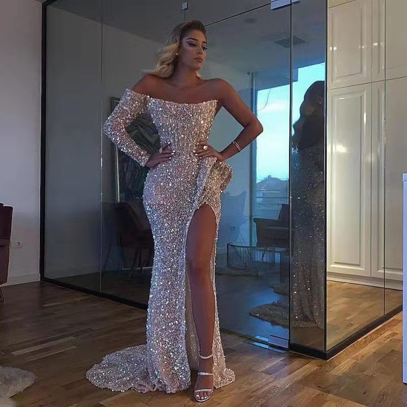 Vestido de mujer de primavera y verano con hombros descubiertos y lentejuelas, vestido de cóctel de noche