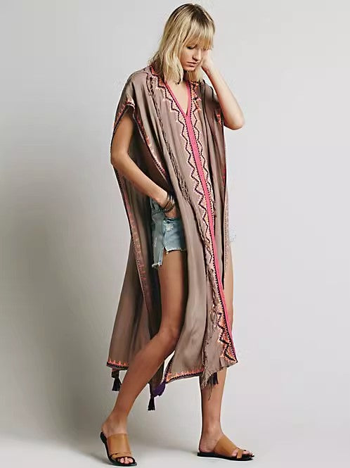 Women Summer Sleeveless Embroidered Ankle Length Cape Dress