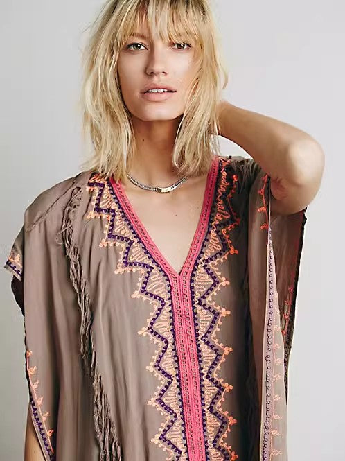 Women Summer Sleeveless Embroidered Ankle Length Cape Dress