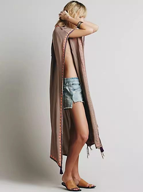 Women Summer Sleeveless Embroidered Ankle Length Cape Dress