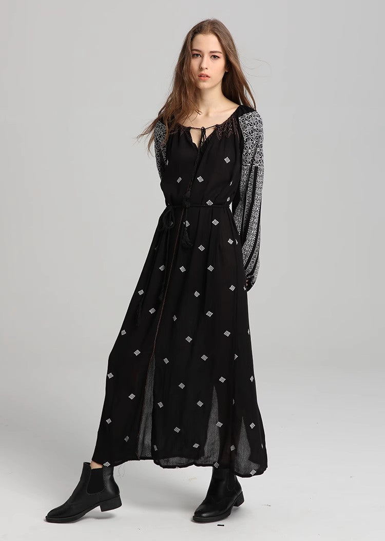 Women Spring Long Sleeve Printed Embroidered A Line Dress