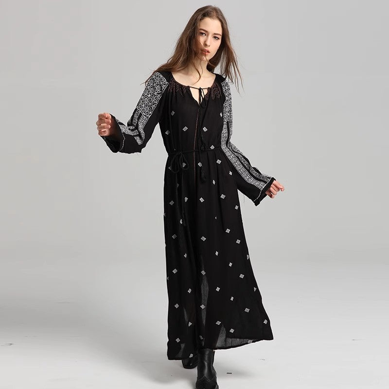 Women Spring Long Sleeve Printed Embroidered A Line Dress