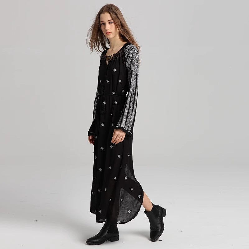 Women Spring Long Sleeve Printed Embroidered A Line Dress