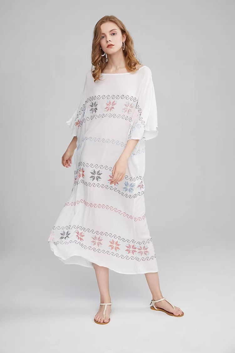 Vestido de verano de manga corta con bordado en forma de A para mujer