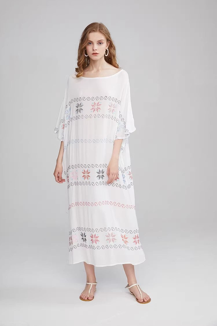 Vestido de verano de manga corta con bordado en forma de A para mujer