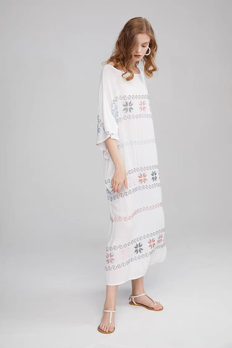 Vestido de verano de manga corta con bordado en forma de A para mujer