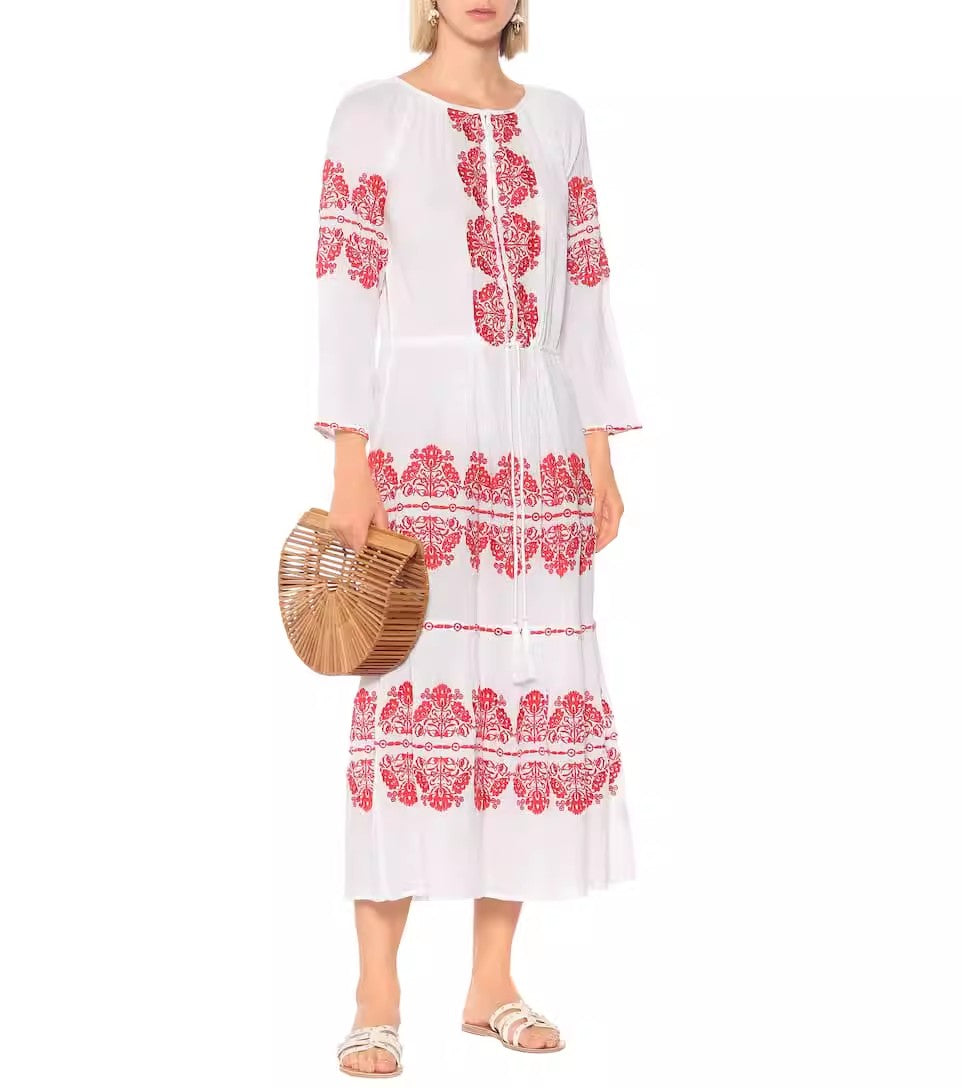 Women Spring Embroidered Printed Button Maxi Dress
