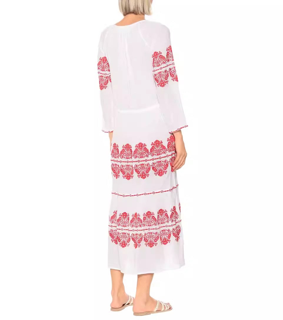 Women Spring Embroidered Printed Button Maxi Dress
