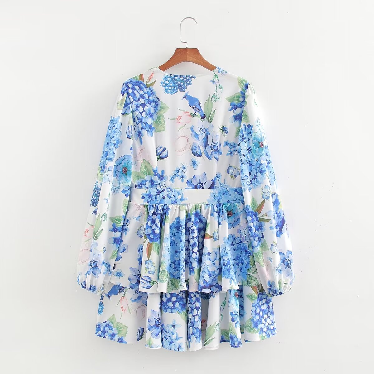 Vestido corto de verano con manga larga y estampado para mujer, sexy, cuello en V, corte entallado y volantes