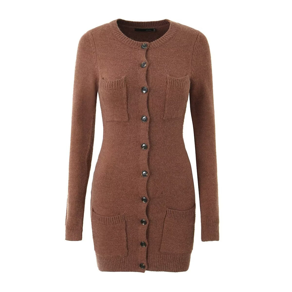 Robe moulante à manches longues boutonnée en maille, sexy et amincissante, idéale pour l'automne et l'hiver, noire. Vêtements femme en maille.