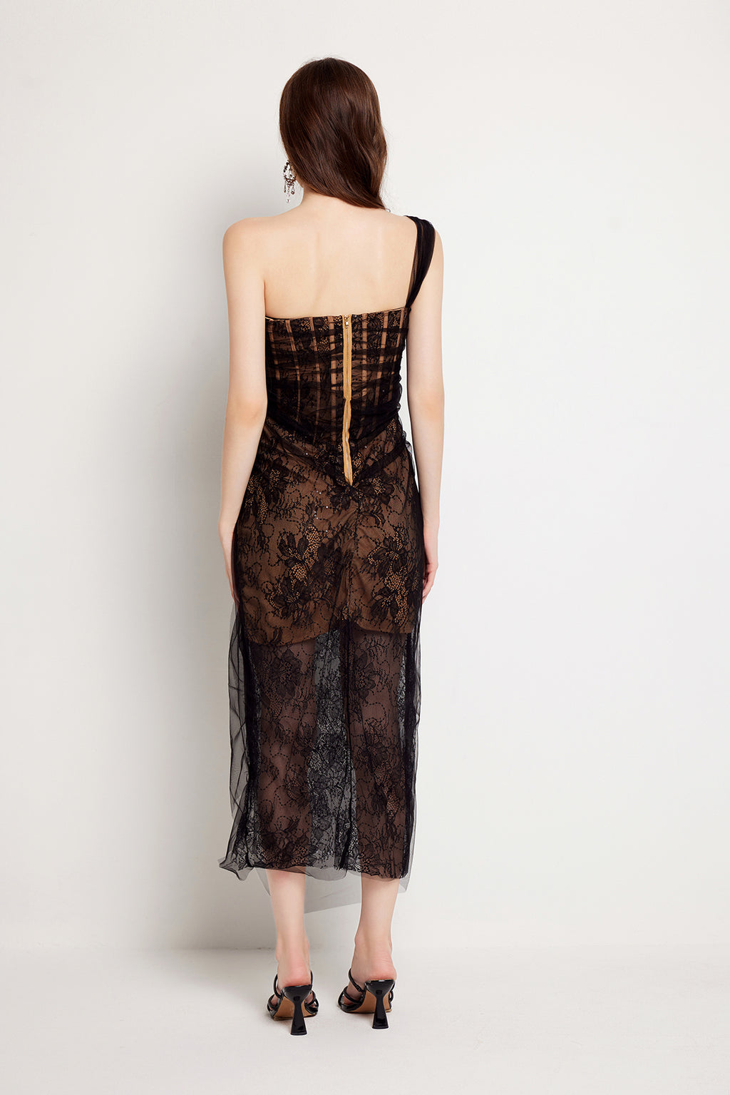 Women Summer Fishbone Lace Gauze Slit Slim Sexy Dress