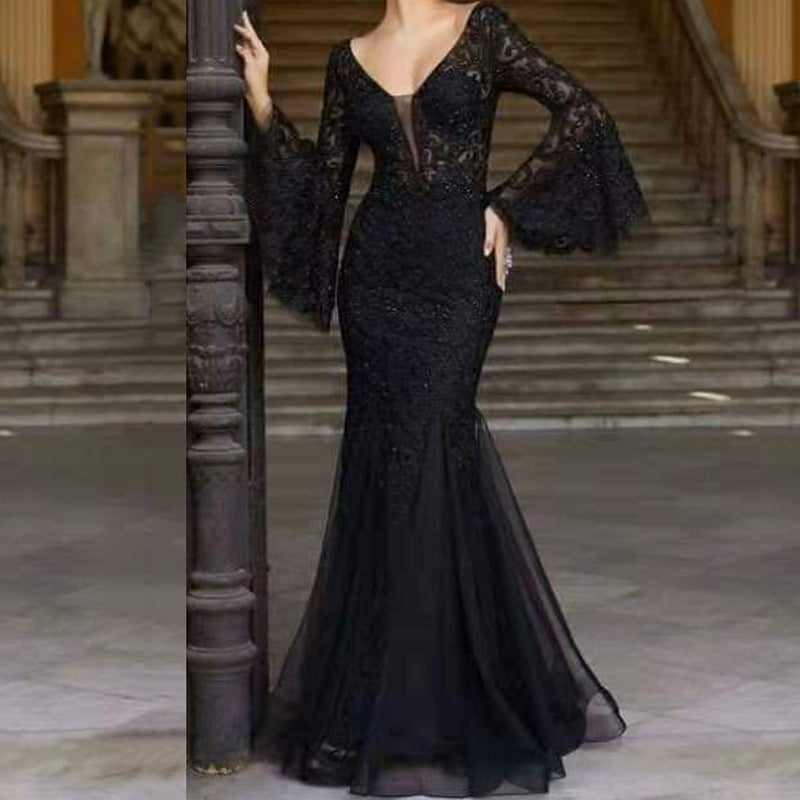 Arrival Women Clothing Dress Lace Embroidered Fishtail Black Slim Fit Evening Dress