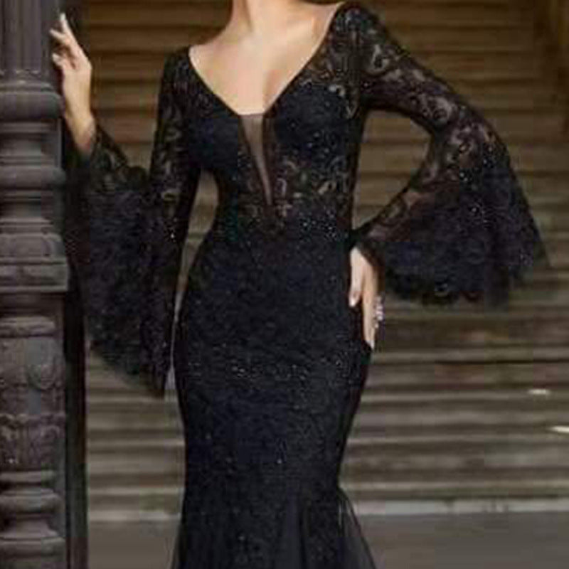 Arrival Women Clothing Dress Lace Embroidered Fishtail Black Slim Fit Evening Dress
