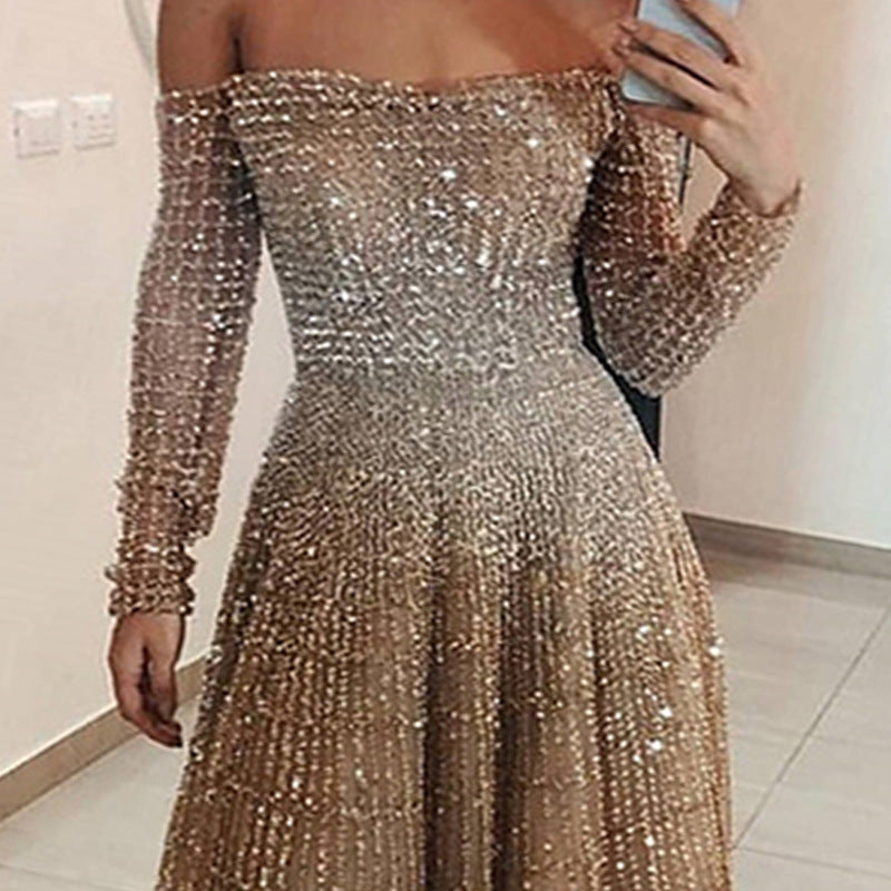 Vestido tubo largo de manga larga con hombros descubiertos y brillante para otoño e invierno