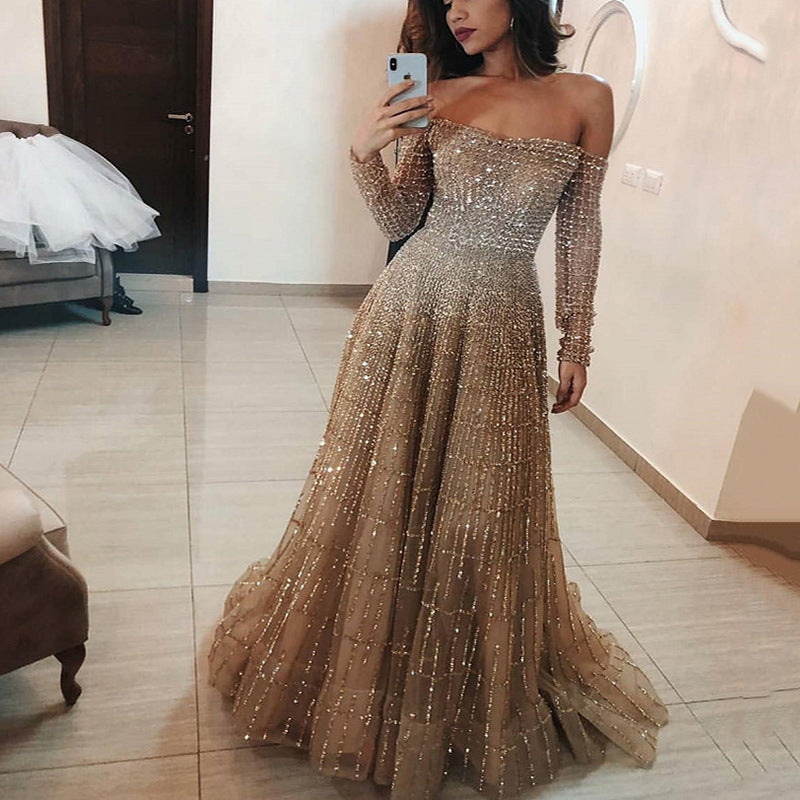 Vestido tubo largo de manga larga con hombros descubiertos y brillante para otoño e invierno