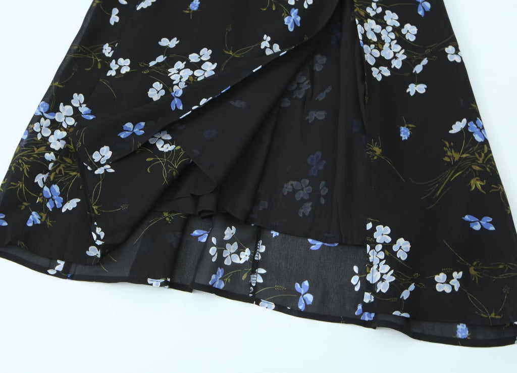 Spring French Vintage Floral Printed High Waist Sexy Side Split Hem Sling Dress