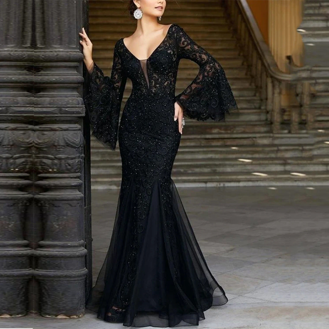 Arrival Women Clothing Dress Lace Embroidered Fishtail Black Slim Fit Evening Dress