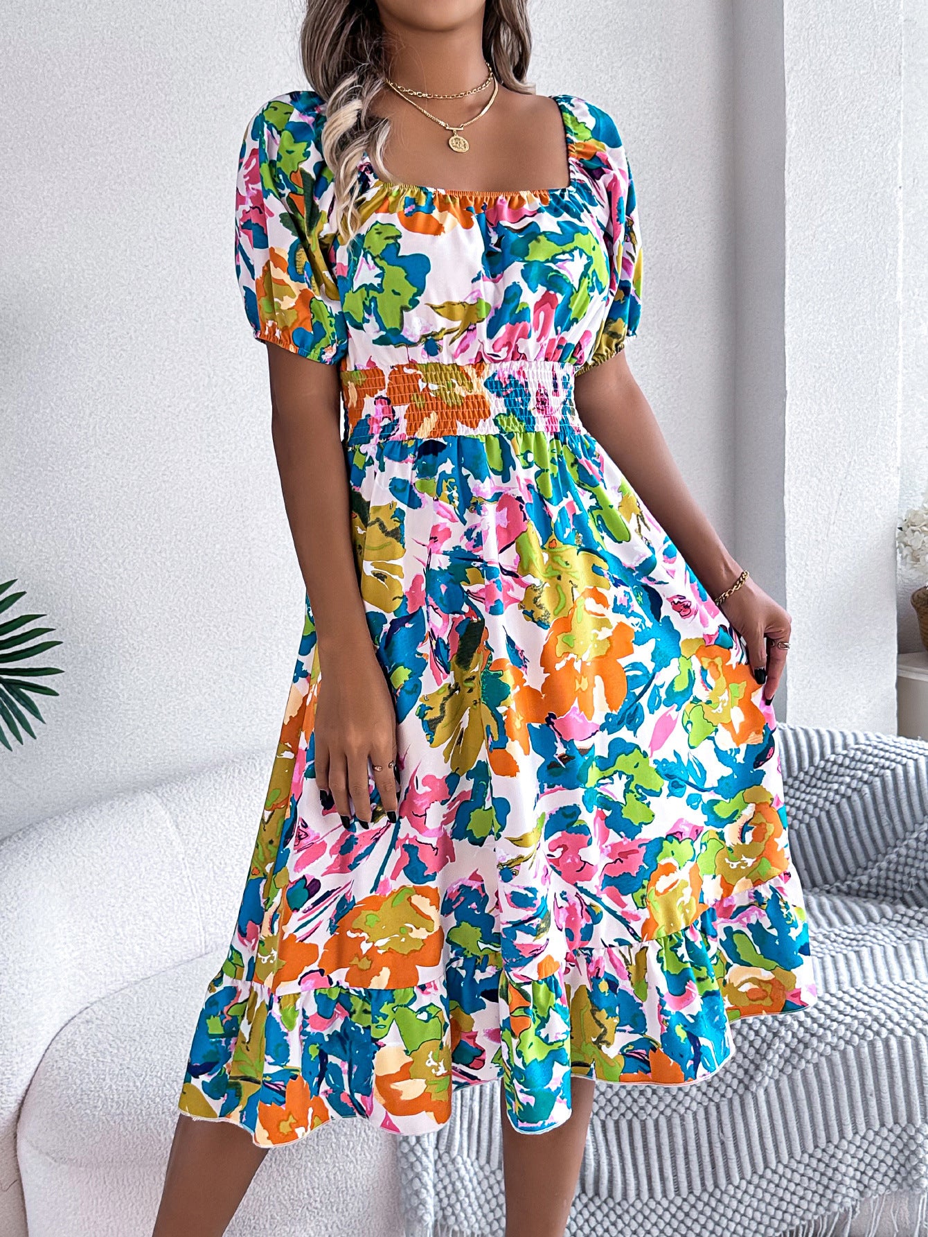Spring Summer Casual Floral Square Collar Short Sleeve Waist Trimming Ruffles A line Dress Women Clothing