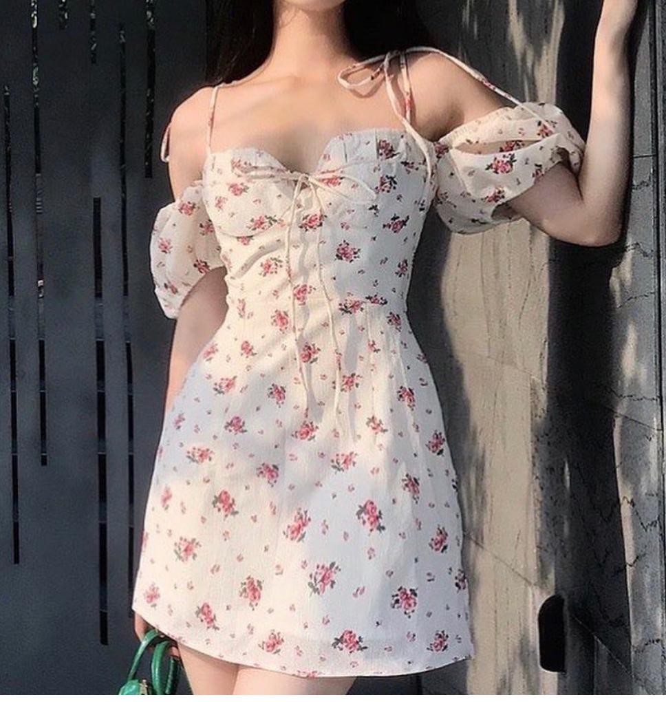 Spring Sexy Sweet Printed Lace up Waist Dress
