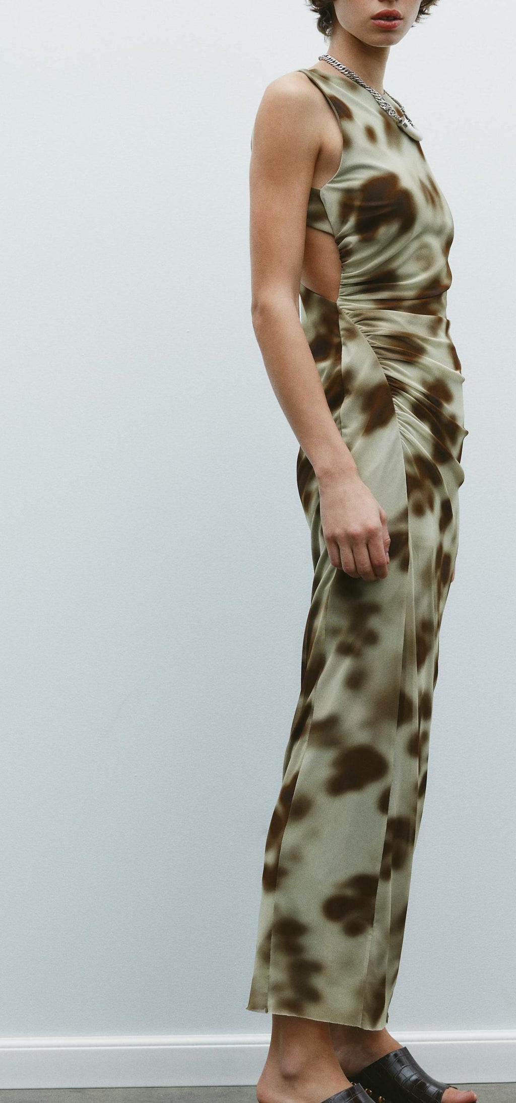 Women Pleated Silk Net Printing Midi Dress