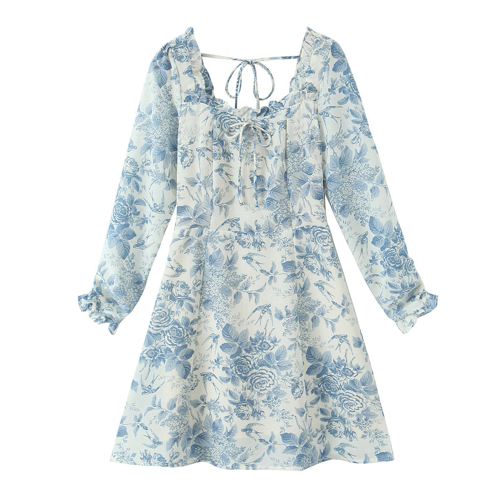 Spring Bird Floral Print Small Square Collar Backless Lace up Long Sleeve Dress