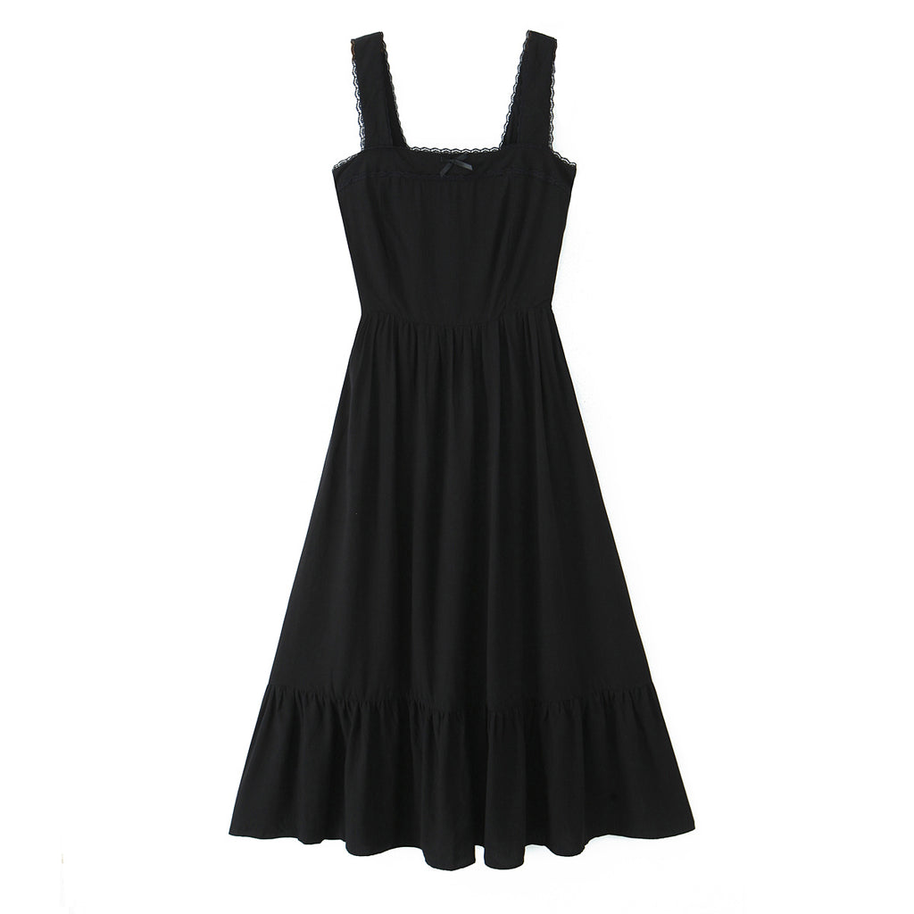 Spring Solid Color Square Collar Bow Embellished Lace Strap Dress