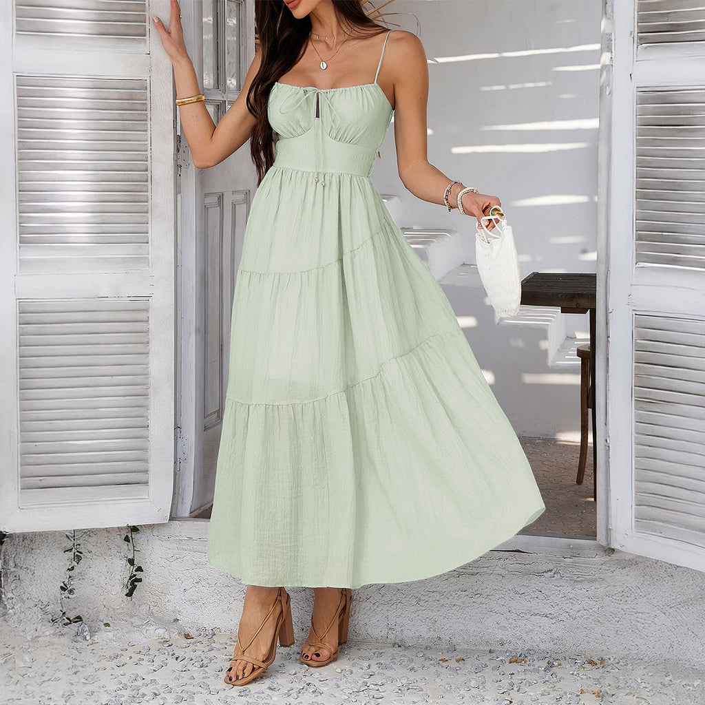 Spring Summer Vacation Solid Color High Waist Sling Dinner Dress Women Clothing