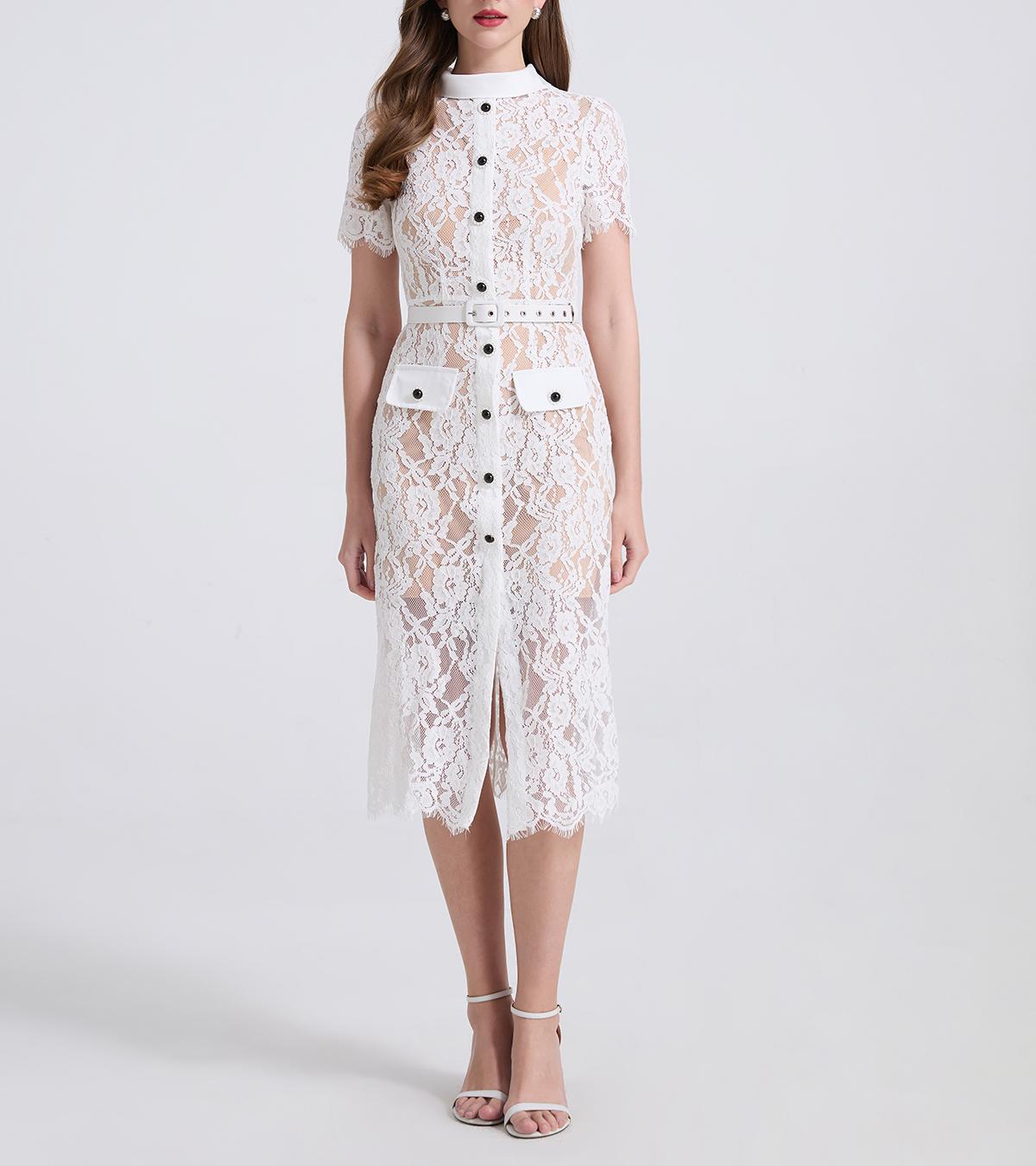 Women Spring Summer Stretch Lace Elegance Spliced Short Sleeve Dress High Fanny Pack Hip Dress