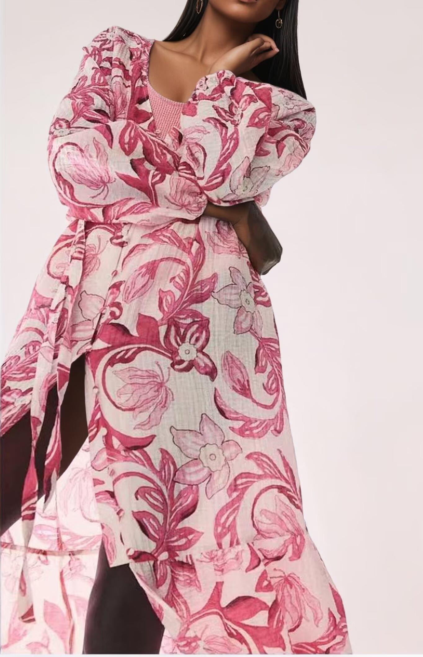Robe femme à imprimé floral en coton imprimé à l'eau, style bohème, avec ceinture