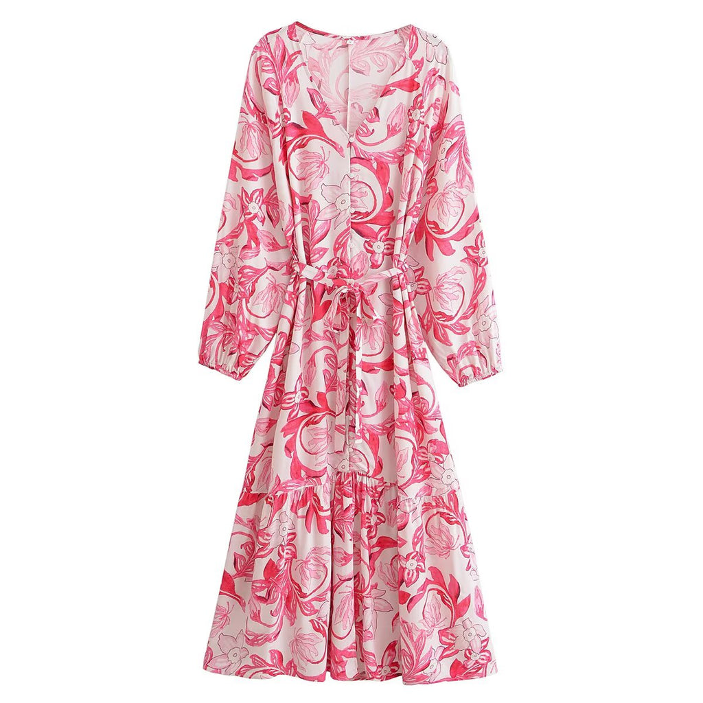 Robe femme à imprimé floral en coton imprimé à l'eau, style bohème, avec ceinture