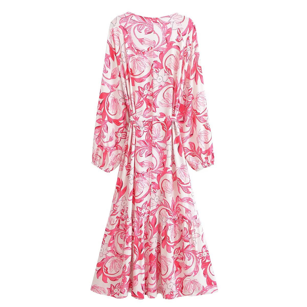 Robe femme à imprimé floral en coton imprimé à l'eau, style bohème, avec ceinture