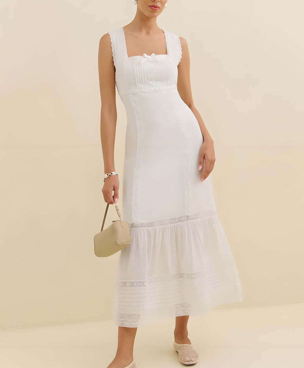 Spring Lace Slim Fit Bow Embellished Square Collar Vest Dress